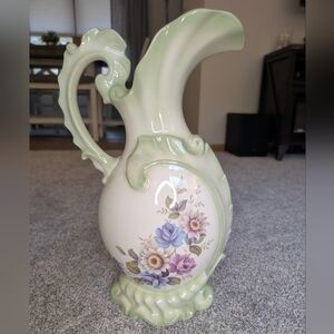 Vintage 1985 Green/White Floral Victorian Iridescent Porcelain Ewer Vase Pitcher